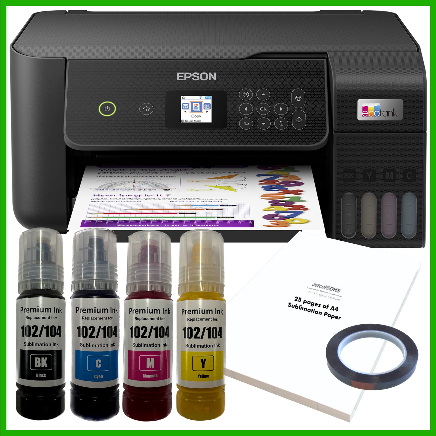 Sublimation Bundle: Epson EcoTank ET-2870 Printer + 4 x Inks + A4 Paper
