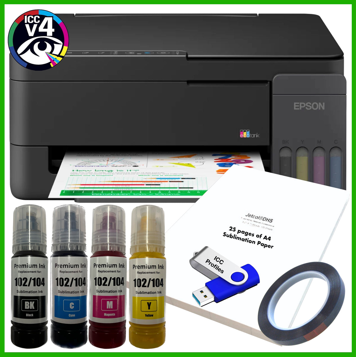 Sublimation Bundle: Epson EcoTank ET-2910 Printer + 4 x Inks + A4 Paper