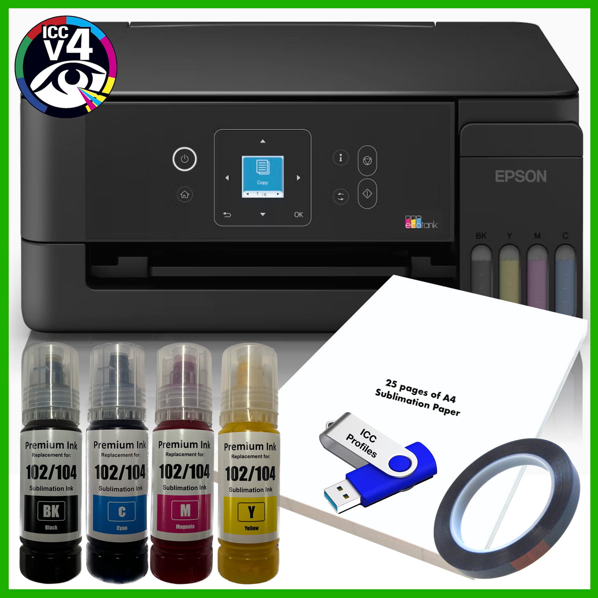 Sublimation Bundle: Epson EcoTank ET-2920 Printer + 4 x Inks + A4 Paper