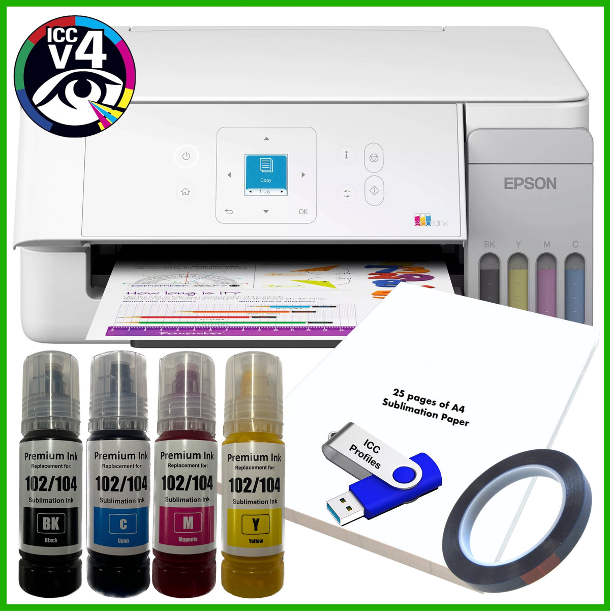 Sublimation Bundle: Epson EcoTank ET-2926 Printer + 4 x Inks + A4 Paper