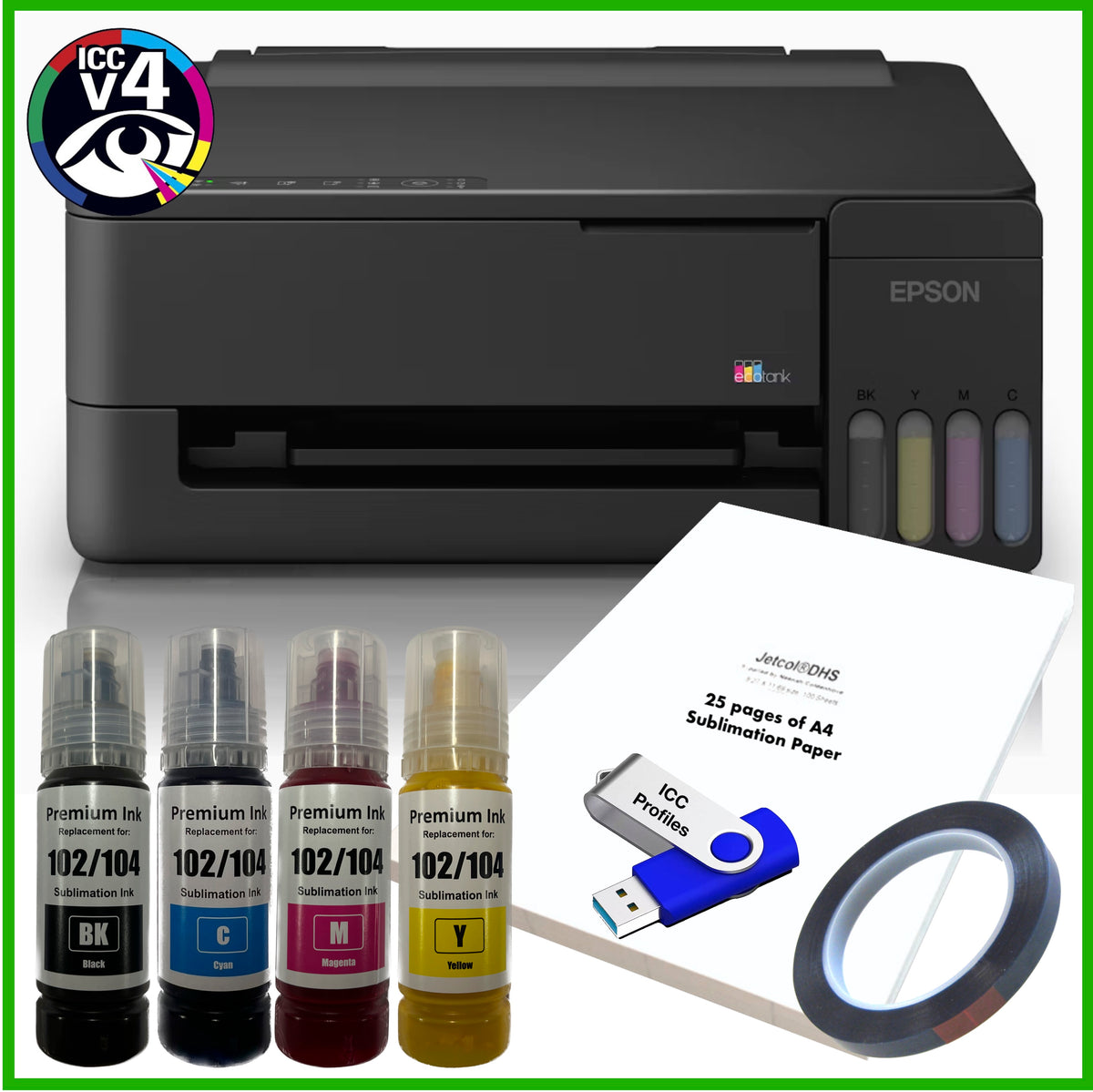 Sublimation Bundle: Epson EcoTank ET-1910 Printer + 4 x Inks + A4 Paper