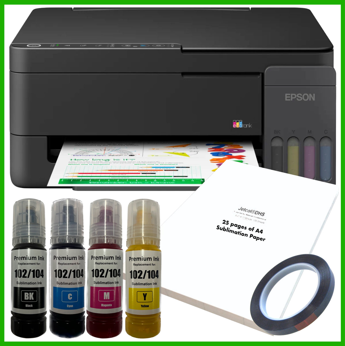 Sublimation Bundle: Epson EcoTank ET-2910 Printer + 4 x Inks + A4 Paper
