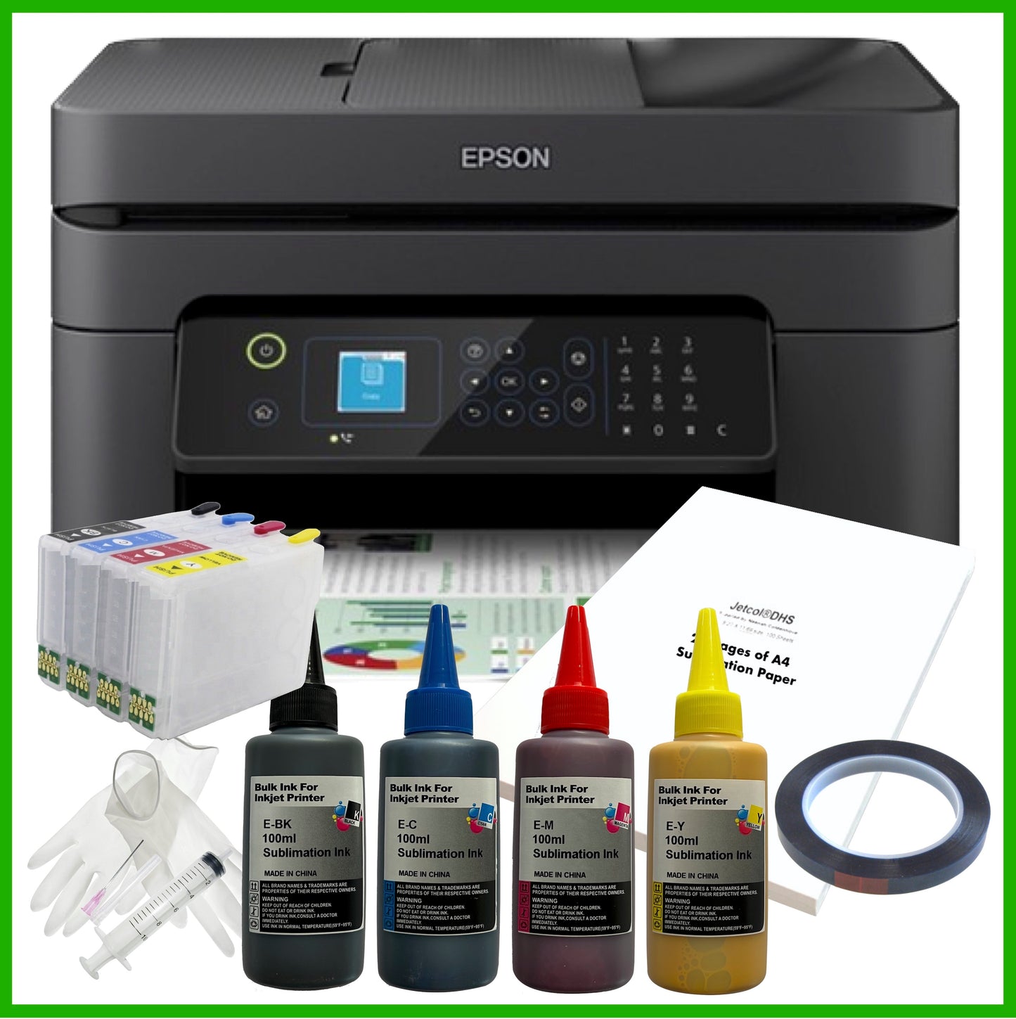 Sublimation Bundle: Epson WorkForce WF-2930 Printer + Ink + Cartridges + A4 Paper