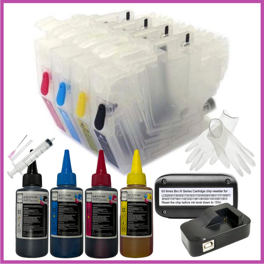 Refill Starter Kit - 3213XL Cartridges with Resetter & Ink for Brother Printers