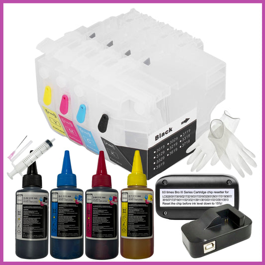 Refill Starter Kit - 3219XL Cartridges with Resetter & Ink for Brother Printers