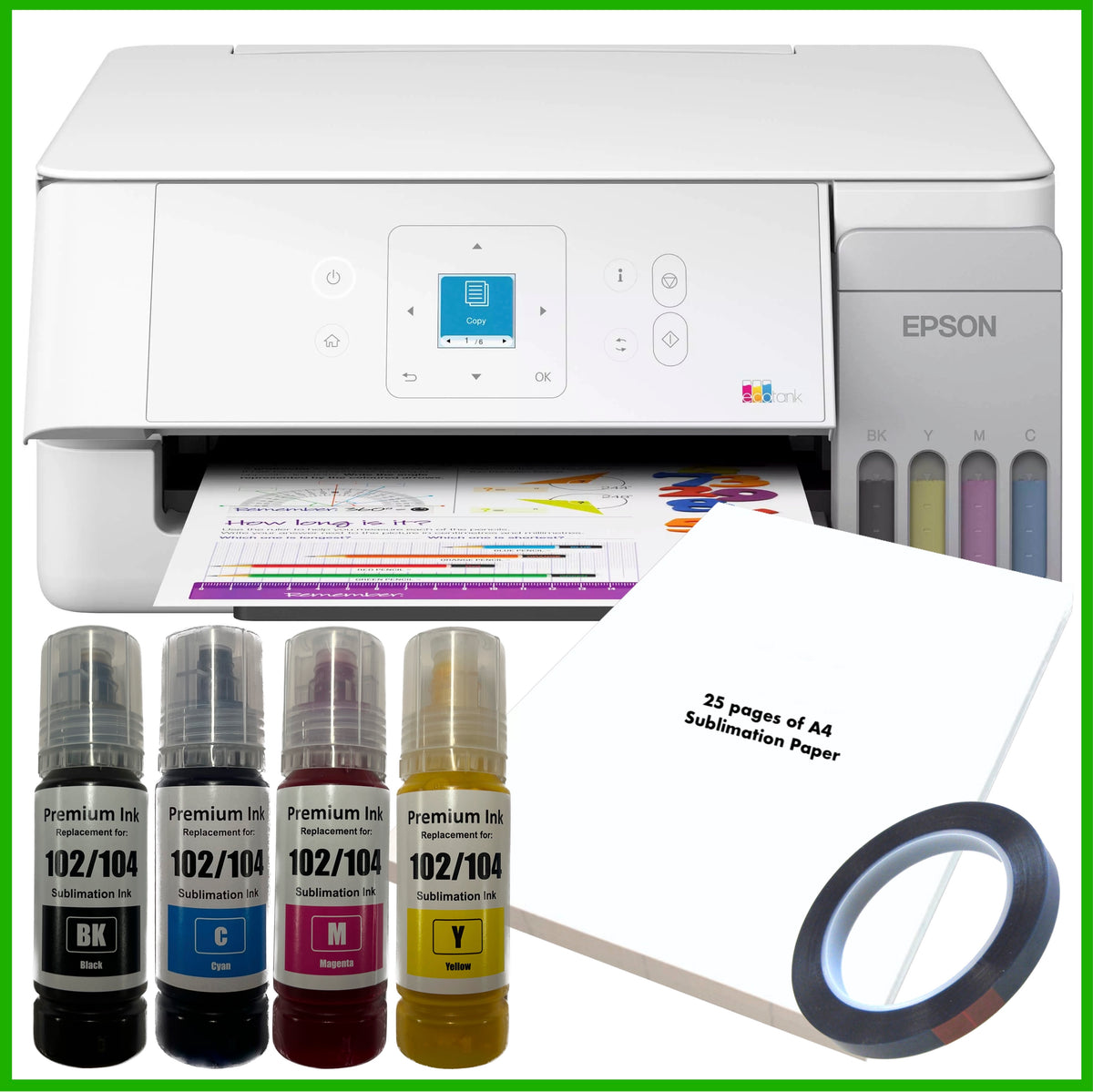 Sublimation Bundle: Epson EcoTank ET-2926 Printer + 4 x Inks + A4 Paper