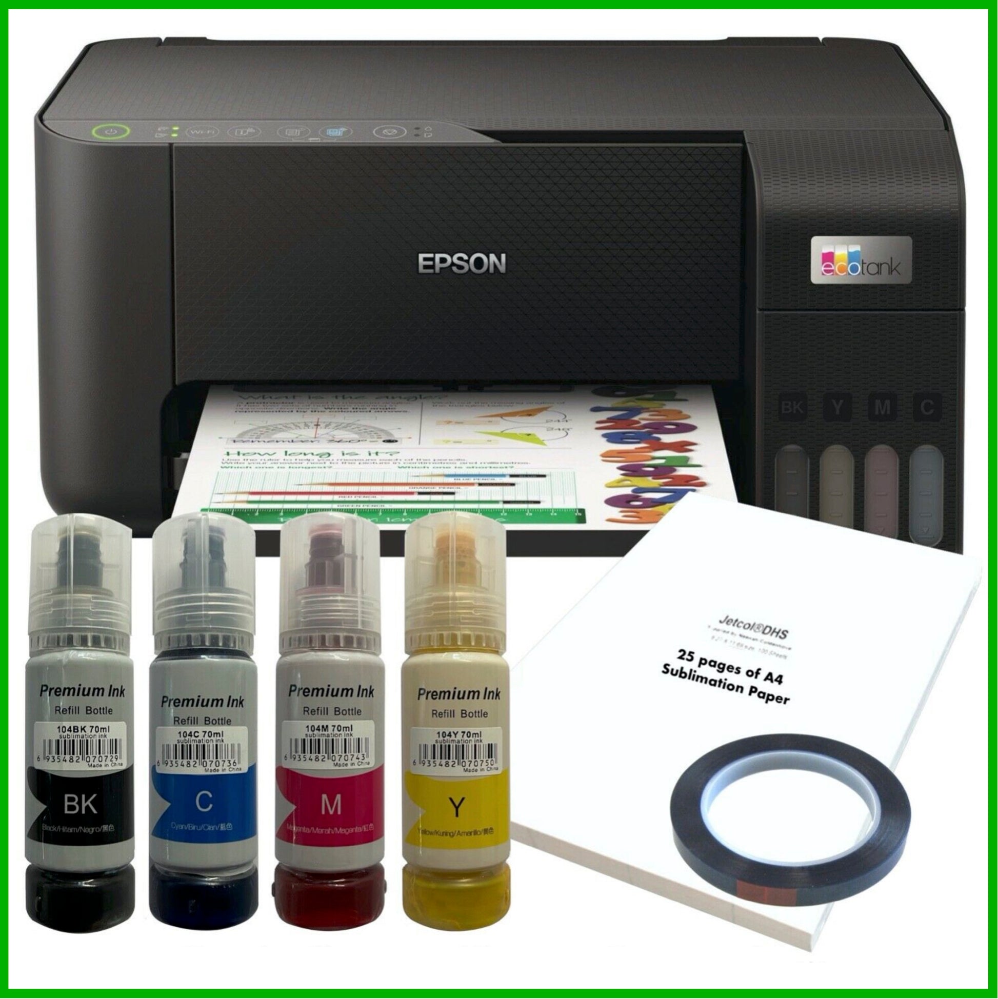 Sublimation Bundle: Epson EcoTank ET-2810 Printer + 4 x Inks + A4 Pape –